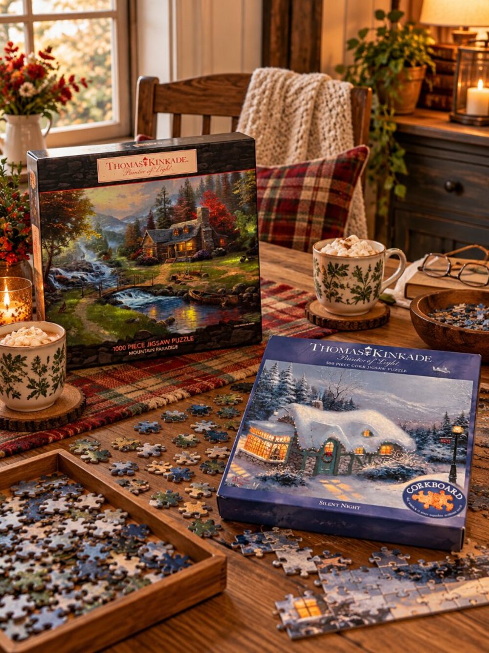 Thomas Kinkade Jigsaw Puzzles Lot of 2 – Mountain Paradise & Silent Night 500/10